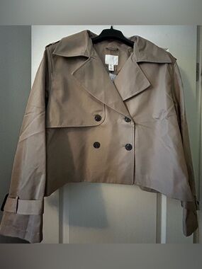 H&M Cropped Double-Breasted Trench Coat - Taupe - NEW